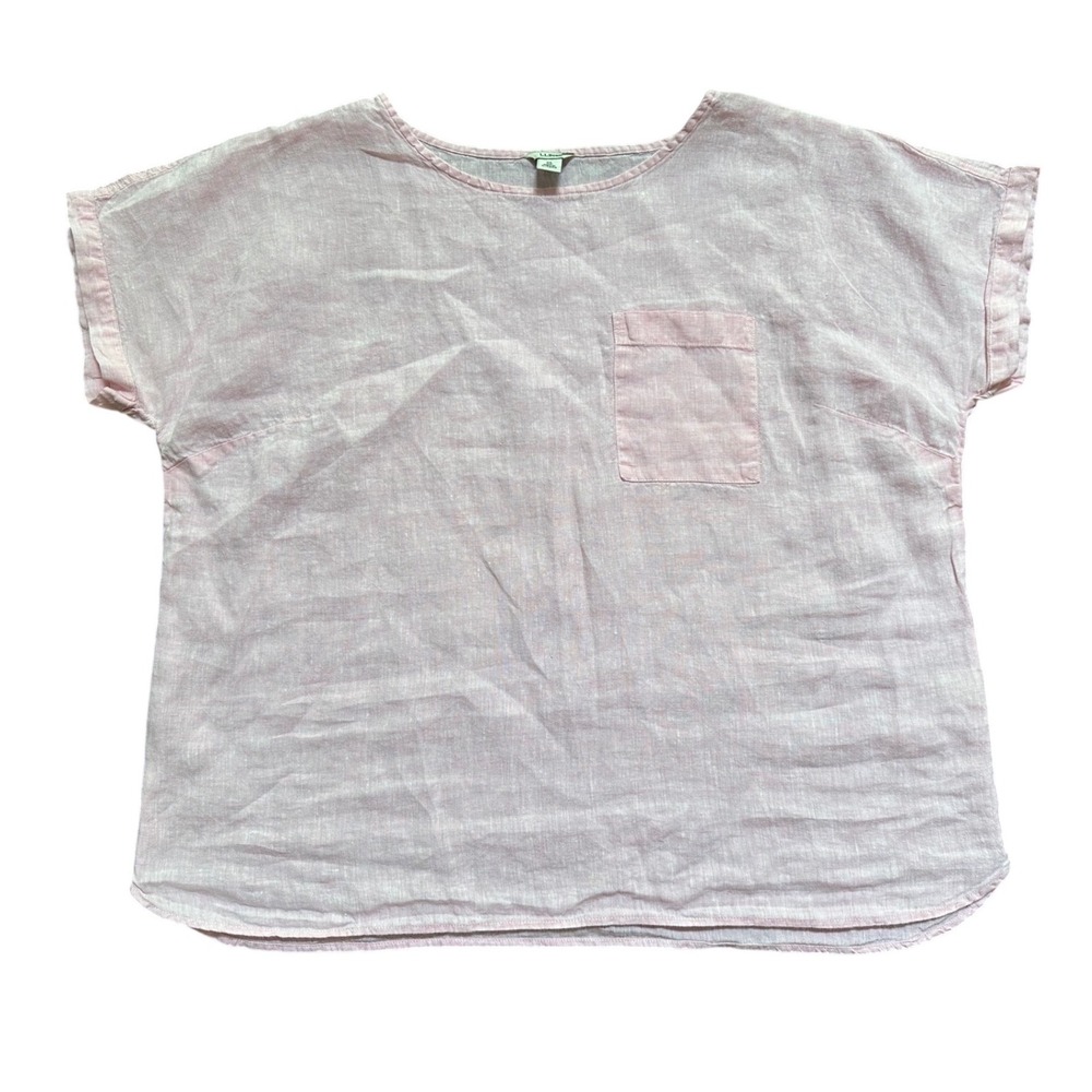 L.L. Bean Womens Pink Linen Short Sleeve Pocket Blouse Shirt Relaxed Fit Size XL